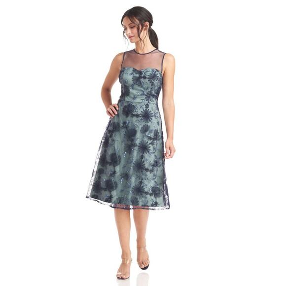 JS Collections Navy Blue Mesh Floral Midi Dress Illusion Cocktail Size 8 - Picture 1 of 12